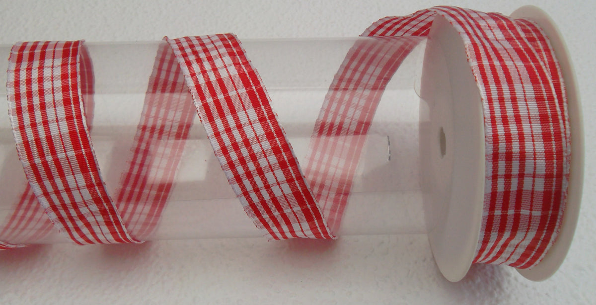 Dekoband rot-weiß kariert 25mm breit mit Drahtkante 20M/Rolle