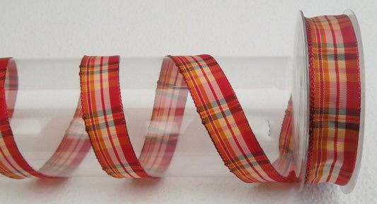 Dekoband rot-orange kariert mit Drahtkante 25mm breit 20M/Rolle