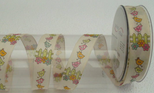 Dekoband Ostern Frühling beige mit Drahtkante 25mm breit 20M/Rolle