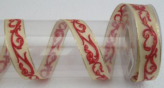 Dekoband creme-rot-gold mit Drahtkante 25mm breit 20M/Rolle