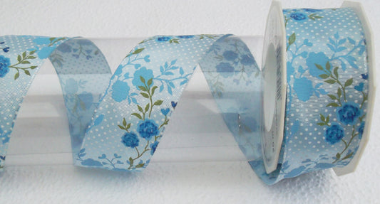 Dekoband hellblau mit Blumen u. Punkten mit Drahtkante 40mm breit 20M/Rolle