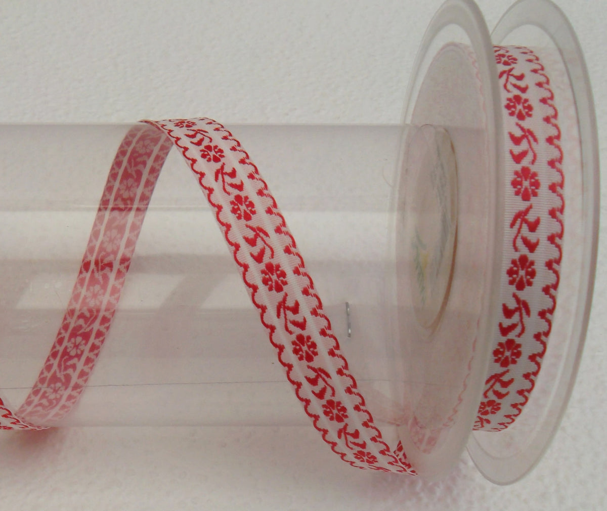 Dekoband Borte weiß rot mit Blüten bestickt und Deko-Kante 15mm breit 18M/Rolle