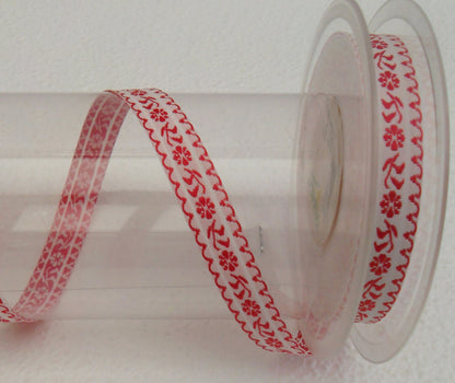 Dekoband Borte weiß rot mit Blüten bestickt und Deko-Kante 15mm breit 18M/Rolle