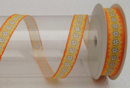 Dekoband gelb orange mit weißen Blüten Drahtkante 15mm breit 20M/Rolle