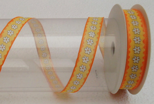 Dekoband gelb orange mit weißen Blüten Drahtkante 15mm breit 20M/Rolle