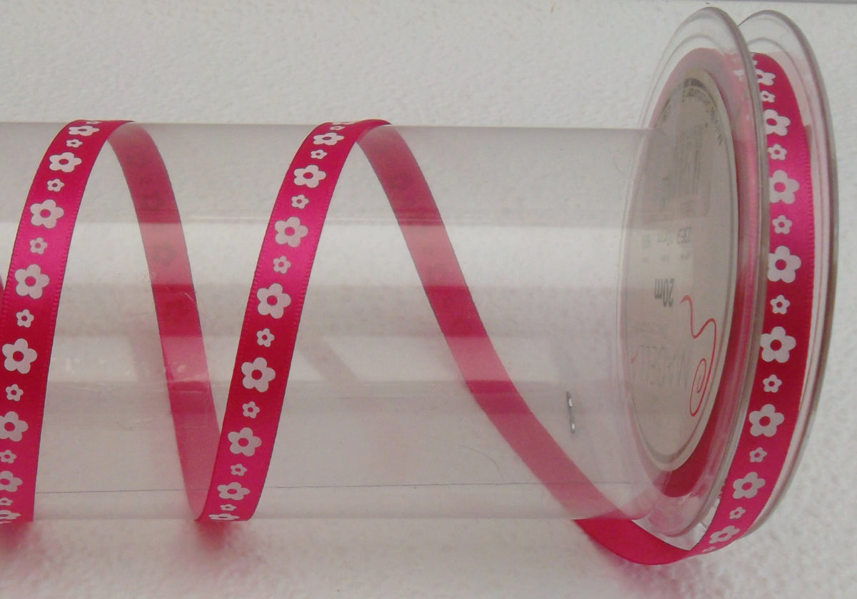 Dekoband pink mit weißen Blüten bedruckt 10mm breit 20M/Rolle