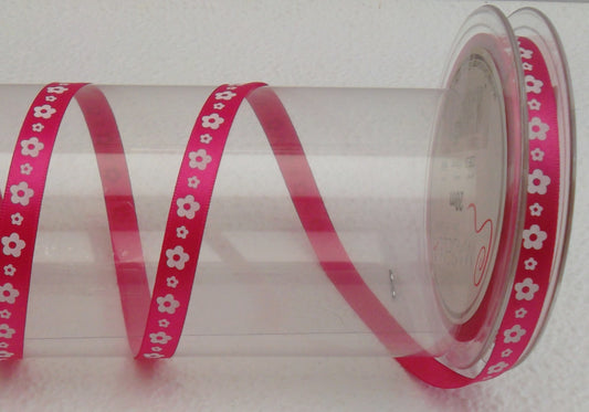 Dekoband pink mit weißen Blüten bedruckt 10mm breit 20M/Rolle