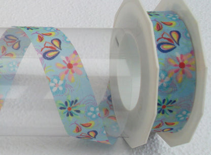 Dekoband hellblau mit Blumen 25mm breit 20M/Rolle