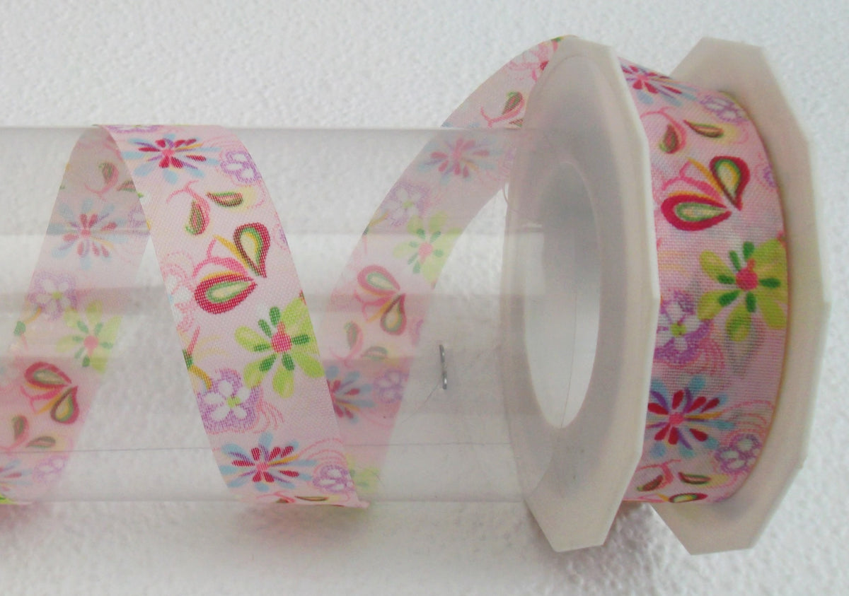 Dekoband rosa mit Blumen 25mm breit 20M/Rolle