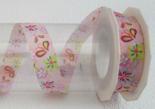 Dekoband rosa mit Blumen 25mm breit 20M/Rolle