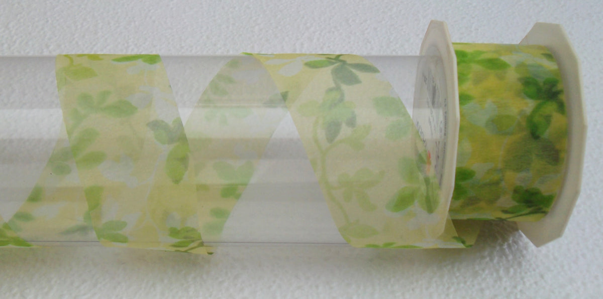 Dekoband Organza hellgrün weiß mit Blätterranken 40mm breit 20M/Rolle