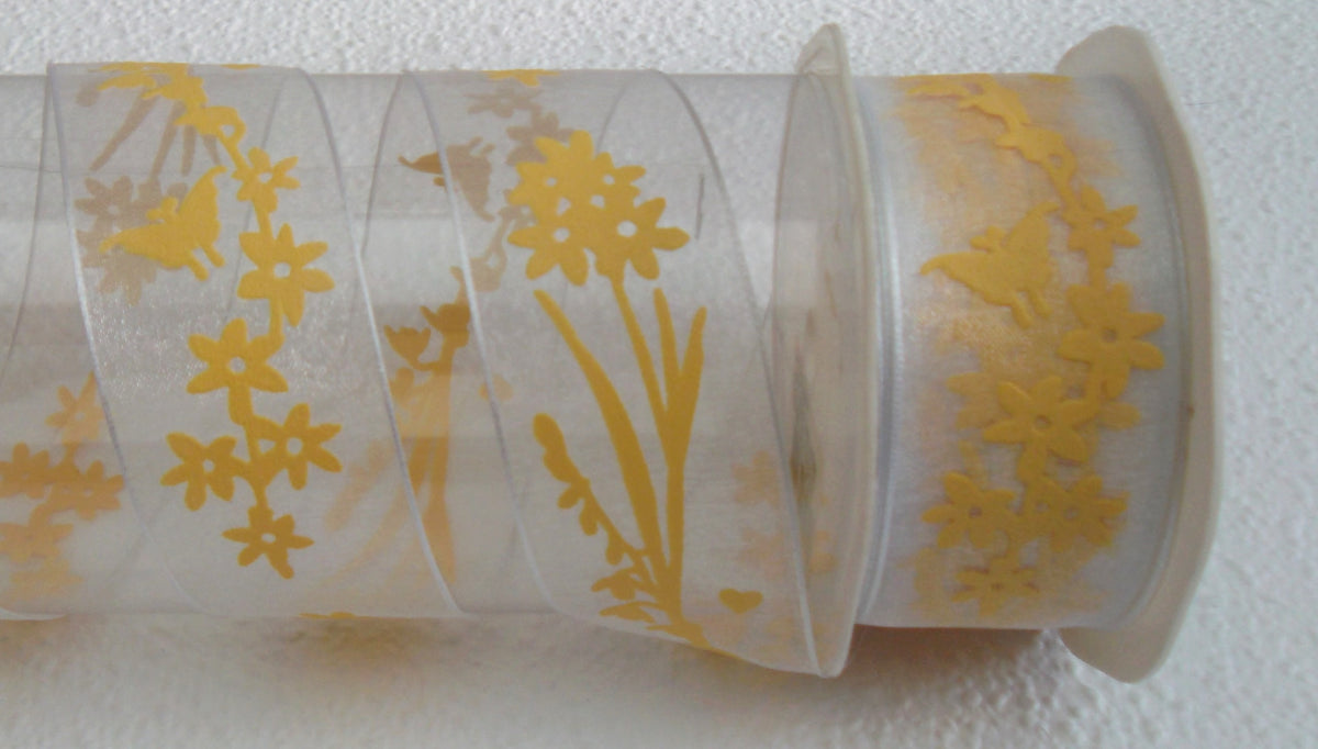 Dekoband Organza mit Blumen weiß gelb mit Drahtkante 38mm breit 10M/Rolle