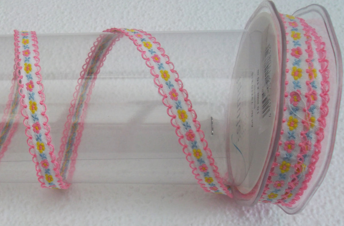 Dekoband Borte weiß rosa mit Blüten bestickt und Deko-Kante 10mm breit 10M/Rolle