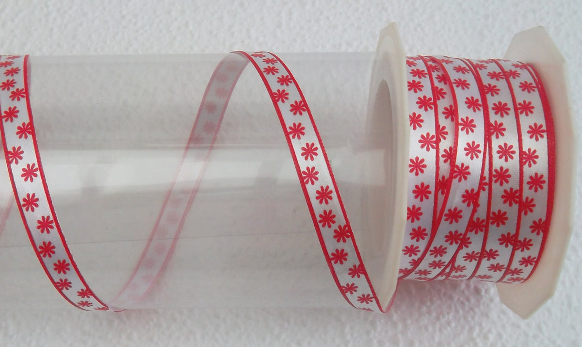 Dekoband rot weiß mit Blumen 10mm breit 20M/Rolle Satinband
