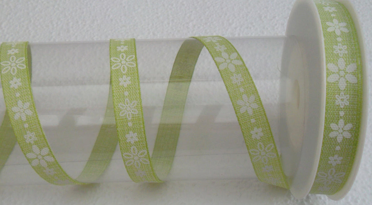 Dekoband hellgrün weiß mit Blumen Baumwolloptik 15mm breit 20M/Rolle
