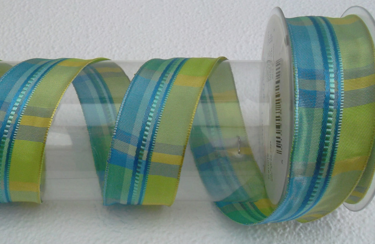 Dekoband hellblau hellgrün kariert mit Drahtkante 40mm breit 20M/Rolle