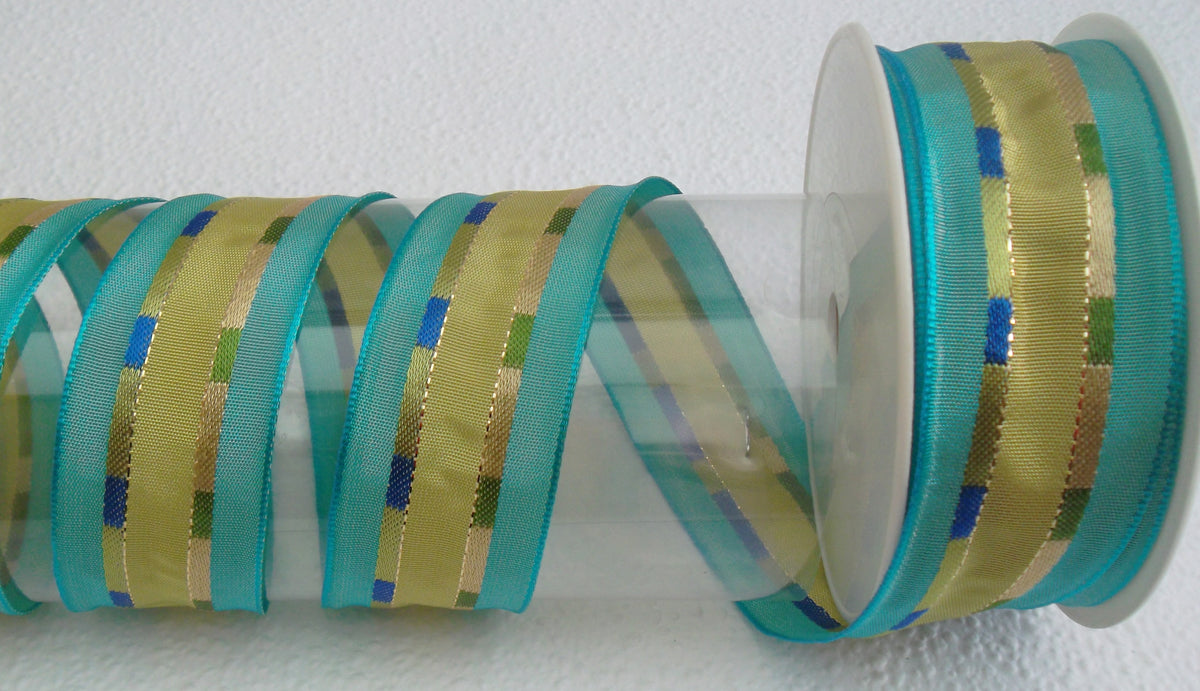 Dekoband türkis hellgrün kariert 40mm breit mit Drahtkante 25M/Rolle