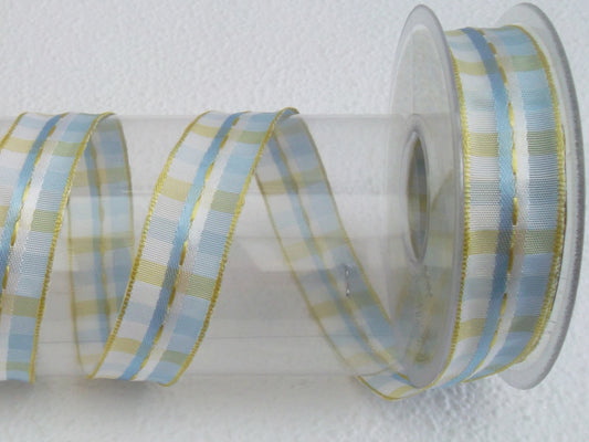 Dekoband hellblau weiß kariert mit Drahtkante 25mm breit 20M/Rolle