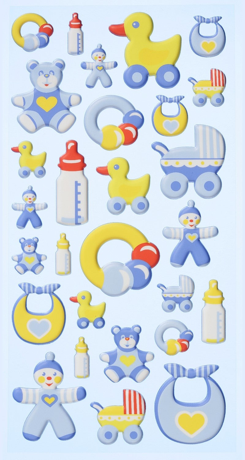 SOFTY-Stickerbogen Baby Boy mit Teddys, Kinderwagen, Fläschchen, Lätzchen und Enten in Blau und Gelb, HobbyFun HF3451127