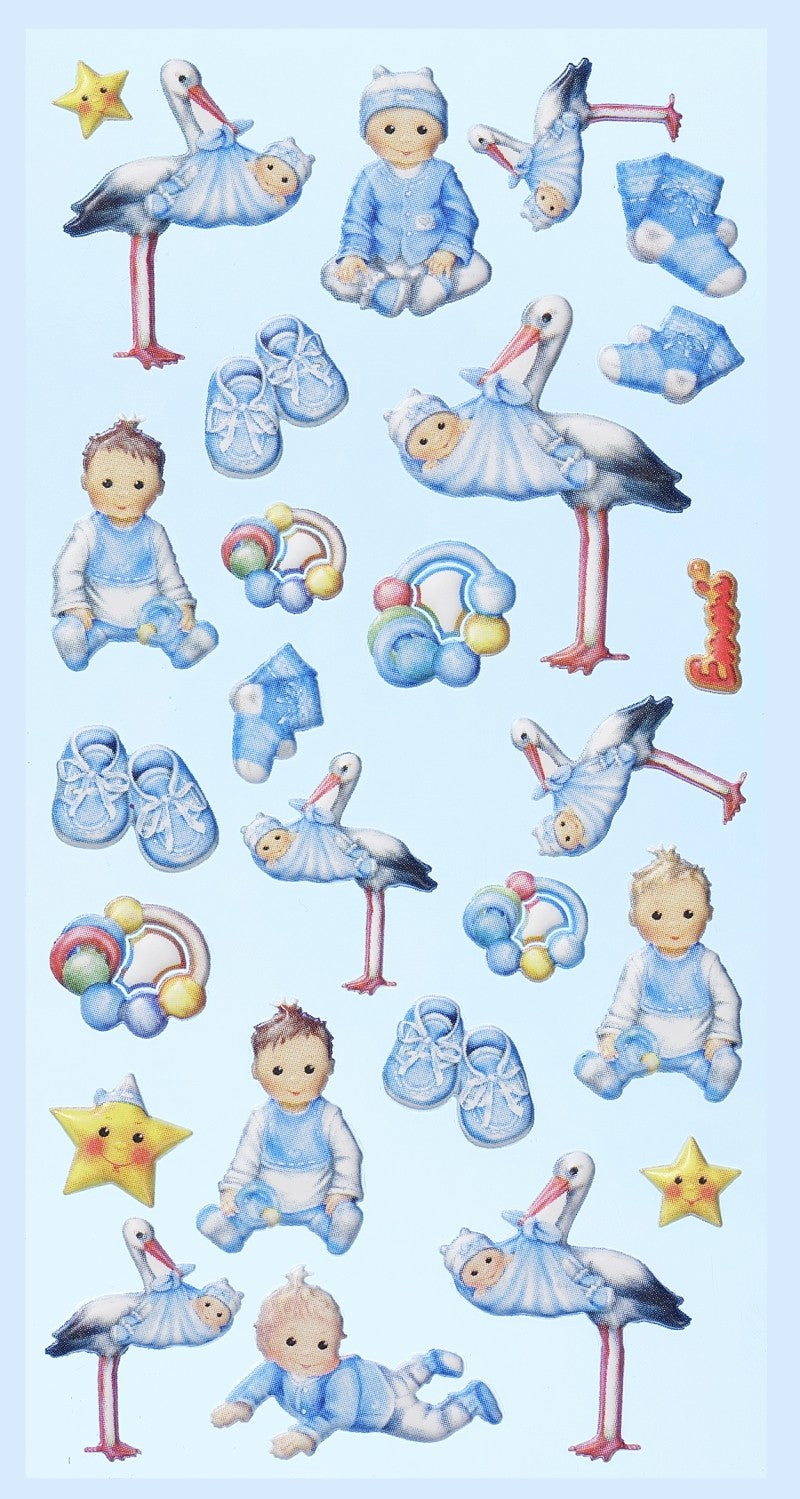 SOFTY-Sticker Baby Boy II mit Babys, Störchen, Babyschuhen, Rasseln und Sternen in Blautönen, HobbyFun HF3451181