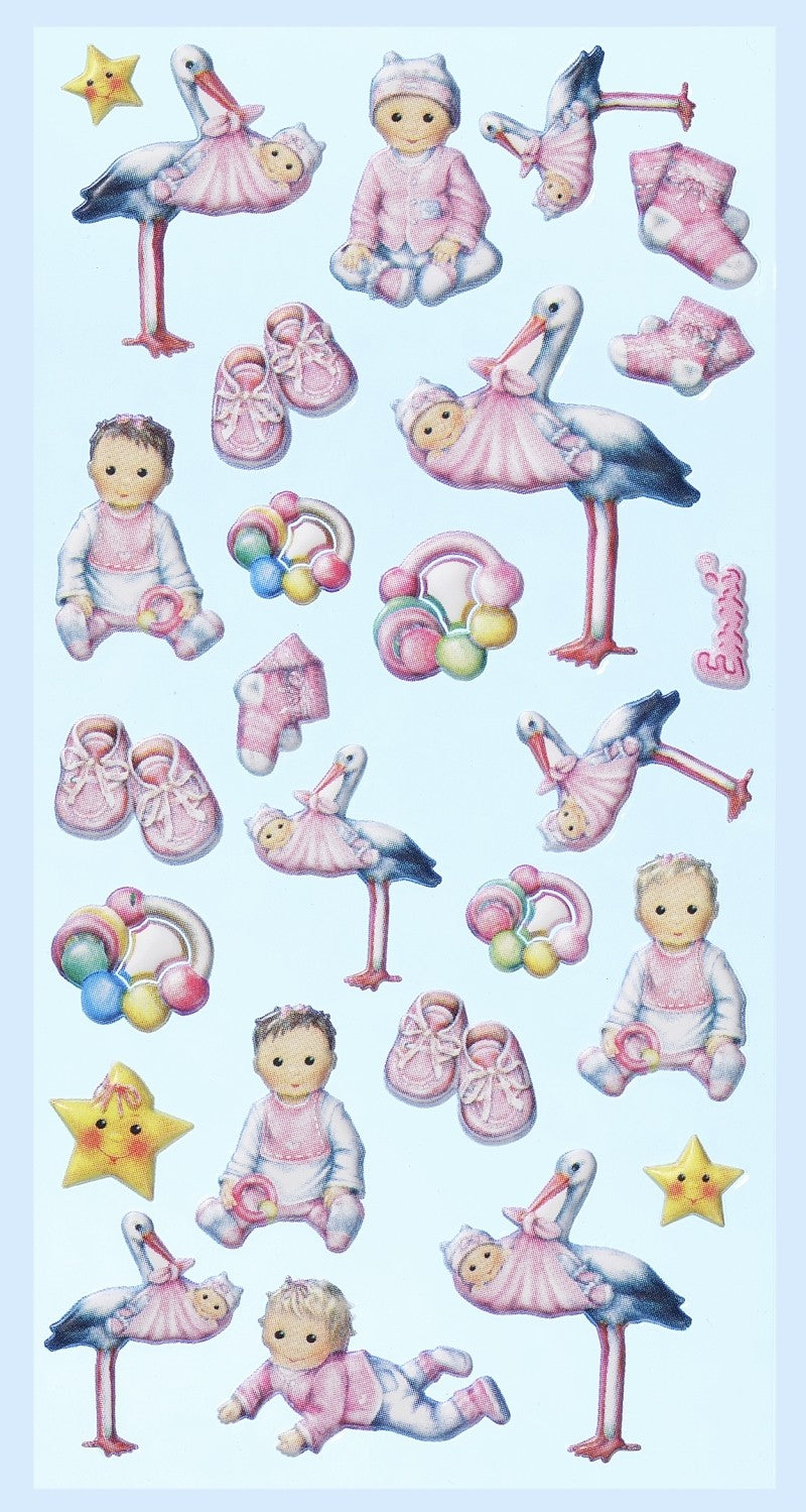 SOFTY-Sticker Baby Girl II mit Babys, Störchen, Babyschuhen, Rasseln und Sternen in Rosatönen, HobbyFun HF3451180