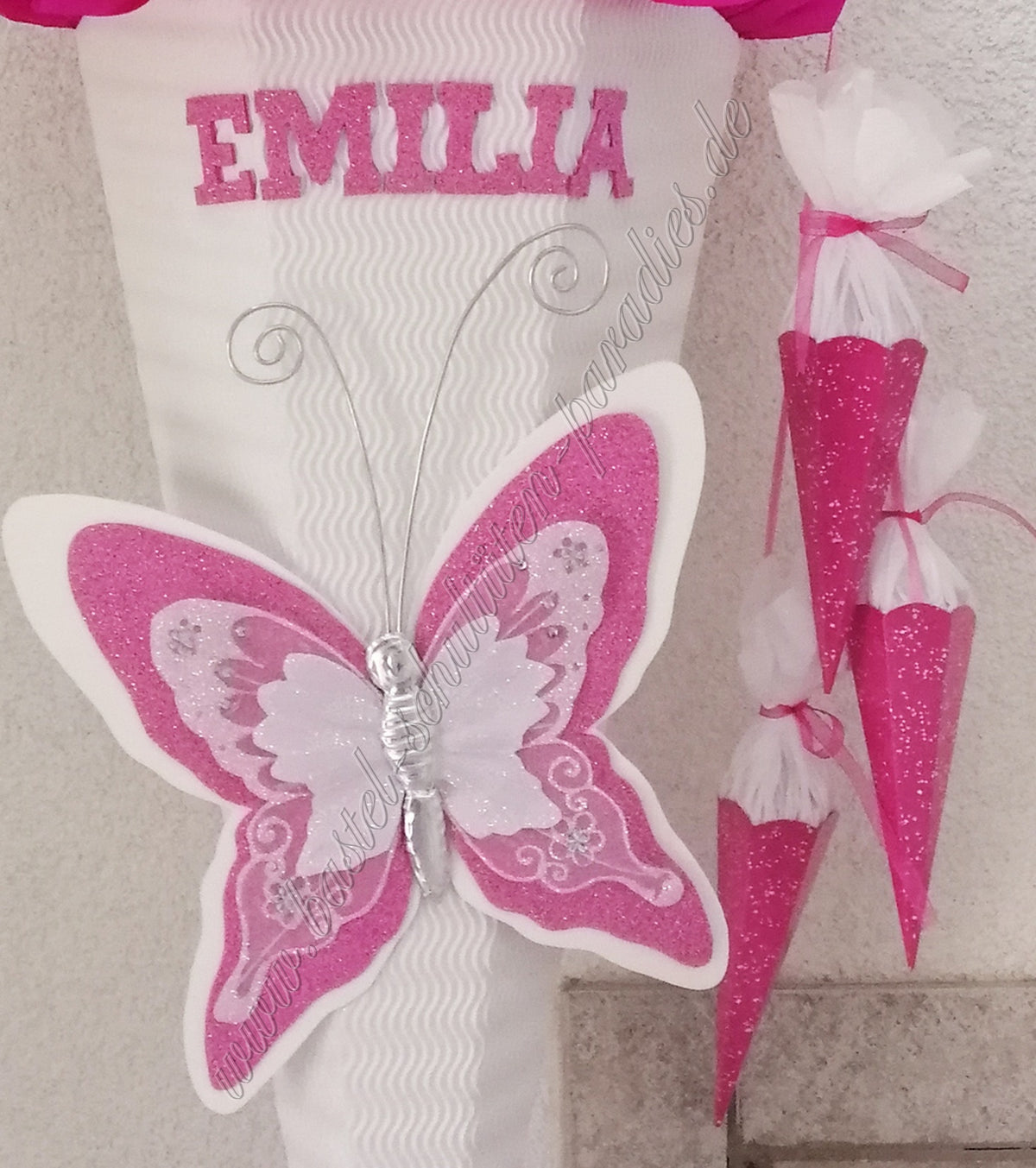 Schultüten Bastelset Schmetterling 3 weiß-pink-Glitter mit 3 kleinen Tüten zum Anhängen