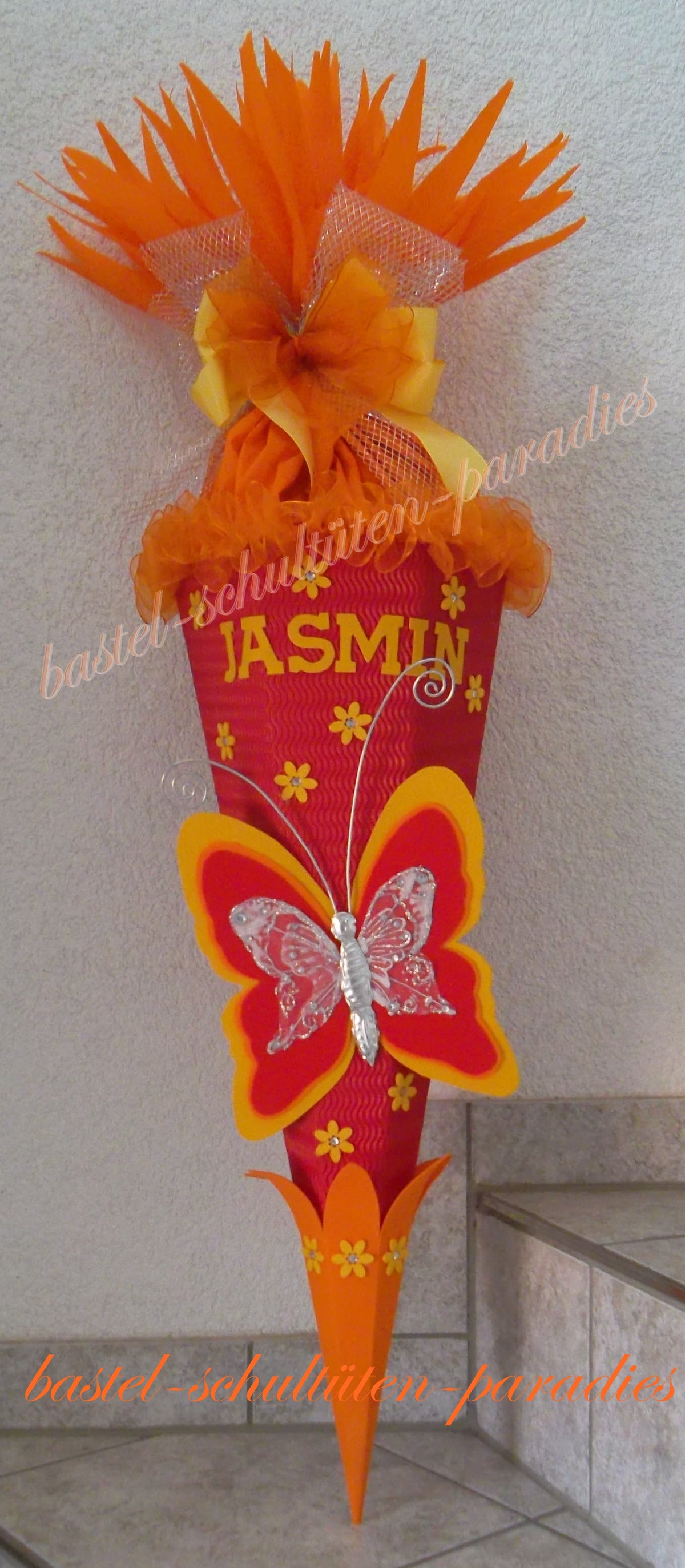 Schultüten Bastelset Schmetterling 2 rot-orange-gelb mit Schleifebandrüsche