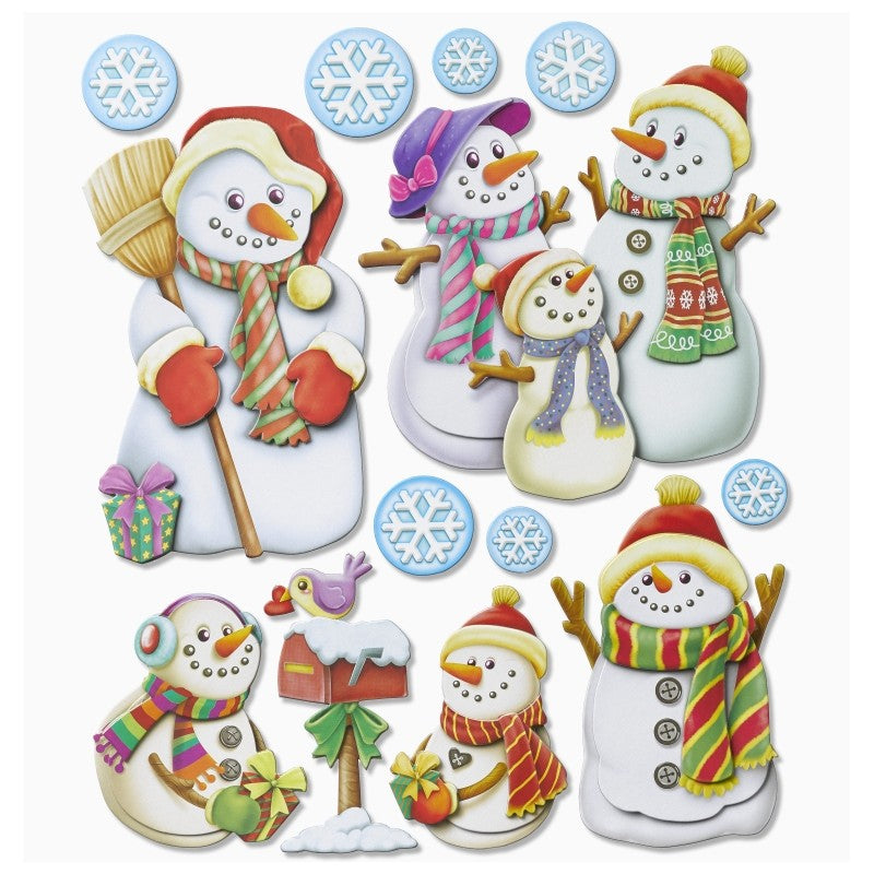 XXL-Sticker Schneemann mit bunten Schals und Mützen, Schneeflocken, Geschenken und verschneitem Briefkasten mit Vogel, HobbyFun HF3452570