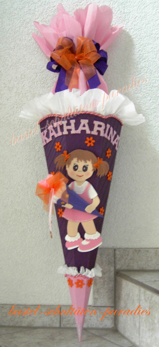 Schultüten Bastelset Schulkind mit Schultüte lila-rosa +Filzblüten