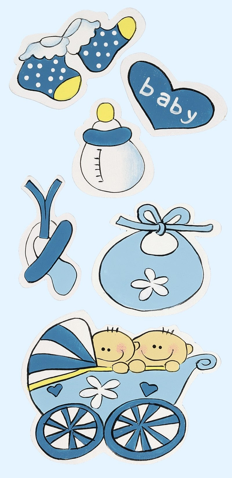 Sechs blaue Baby-Holzstreuteile mit Kinderwagen, Söckchen, Herz, Flasche, Schnuller und Lätzchen, HobbyFun HF3451507