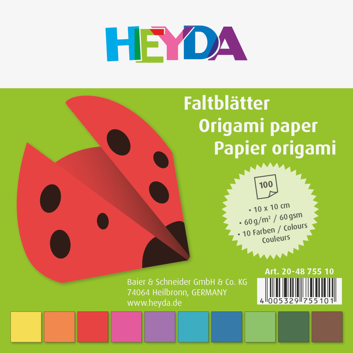 Faltblätter Set 10x10cm Origami-Papier 10 Farben 100 Blatt 60 g/m² HEYDA