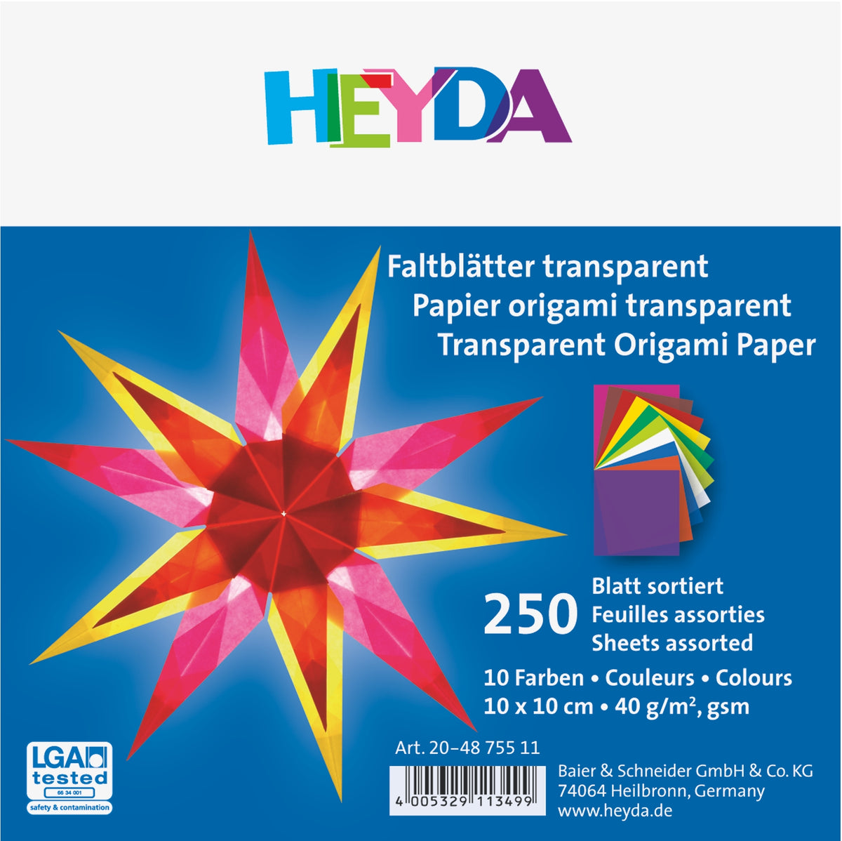 Faltblätter Set 10x10cm Origami Transparentpapier 10 Farben  250 Blatt 40 g/m² HEYDA