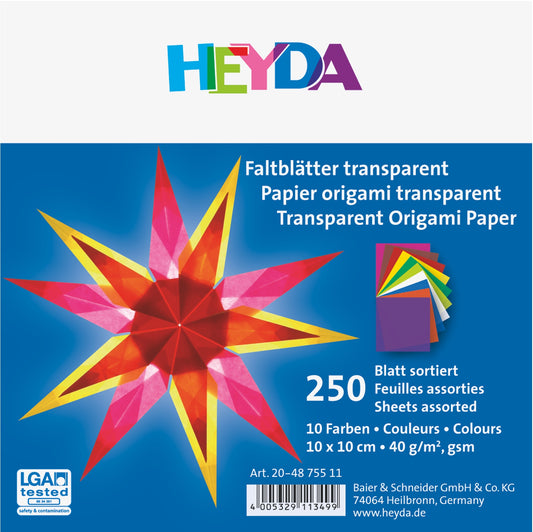 Faltblätter Set 10x10cm Origami Transparentpapier 10 Farben  250 Blatt 40 g/m² HEYDA