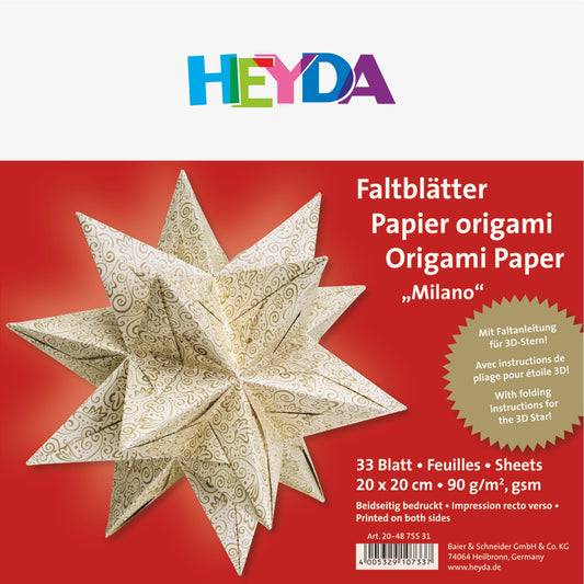 Faltblätter Set 20x20 cm Origami "Milano" incl. Anleitung Bascetta Stern creme gold HEYDA