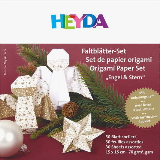 Faltblätter Set 15x15 cm Origami "Engel & Stern" incl. Anleitung creme gold HEYDA
