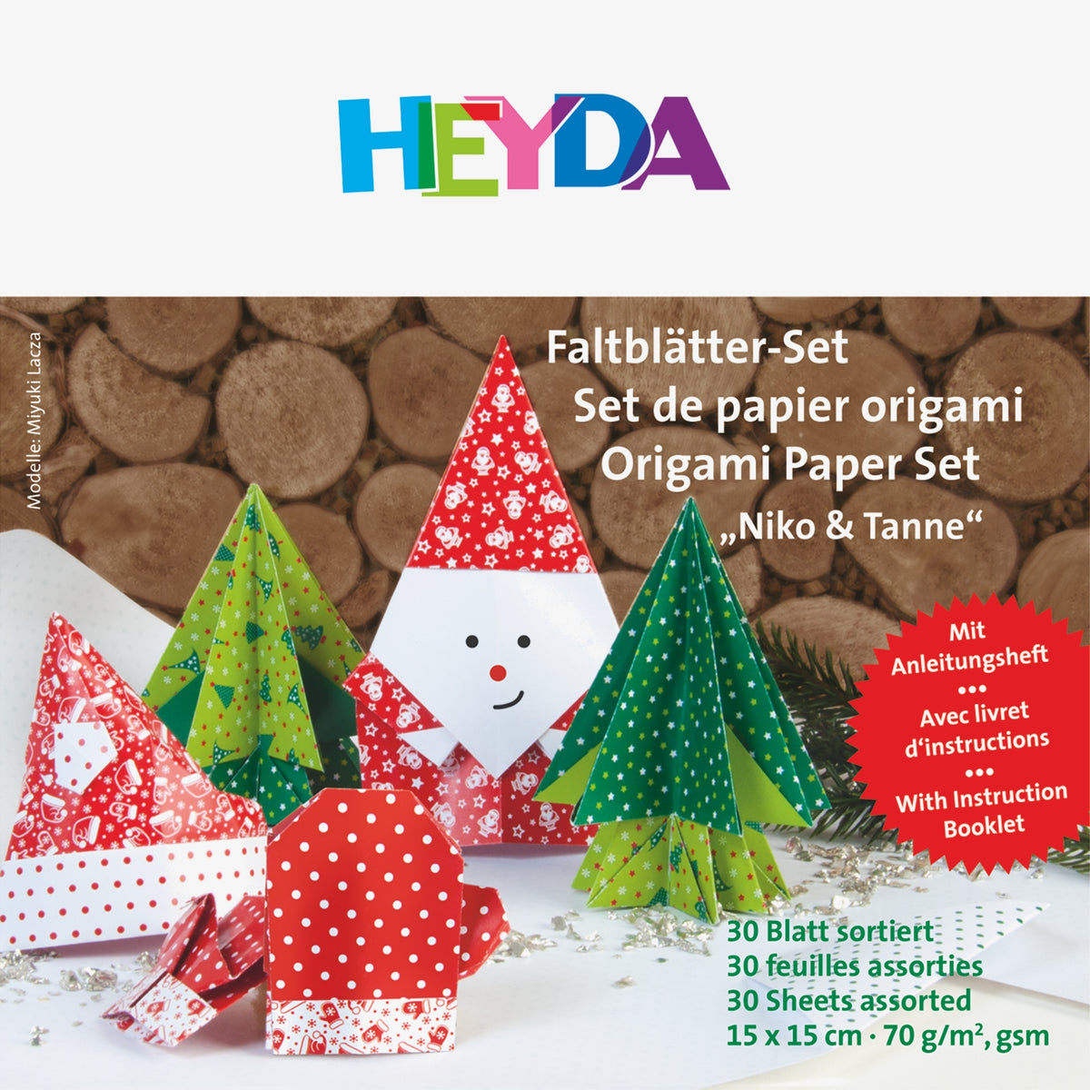 Faltblätter Set 15x15 cm Origami "Nico & Tanne" incl. Anleitung rot grün weiß HEYDA