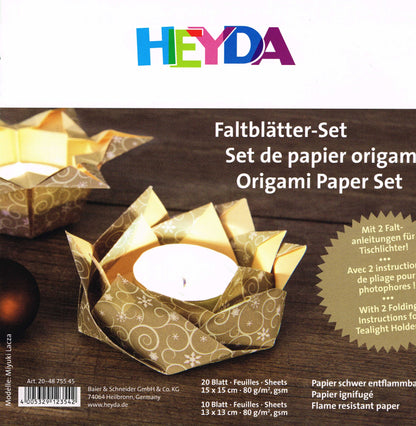 Faltblätter Set 15x15/ 13x13 cm Origami für Tischlichter incl.  Anleitung  Duopapier schwer entflammbar HEYDA