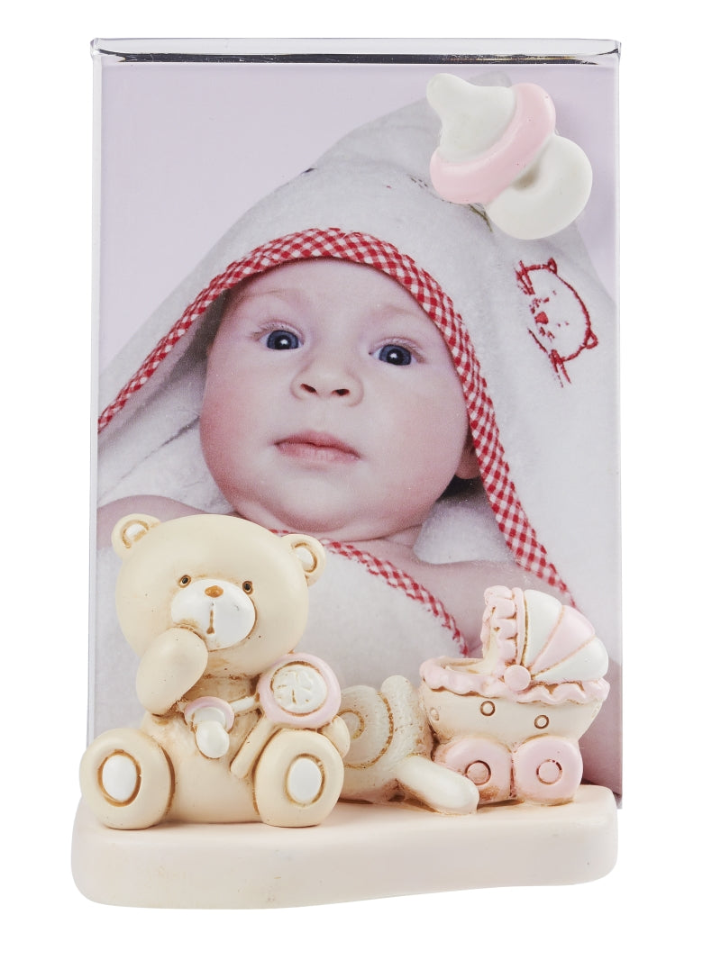Rosa Miniatur-Bilderrahmen mit Teddy, Kinderwagen und Schnuller, 5,5 cm breit und 8 cm hoch, HobbyFun HF3870584