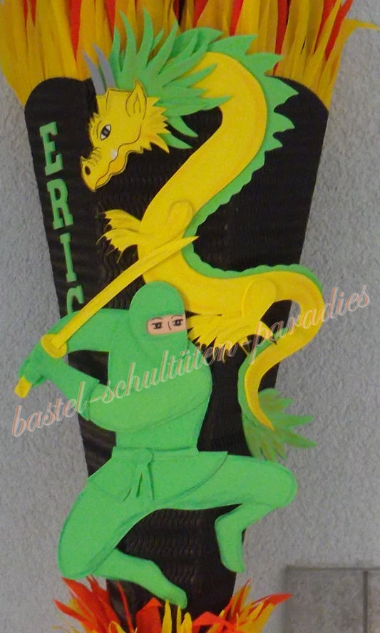 Bastelanleitung Ninja mit Drachen hellgrün-gelb (nur Motiv)