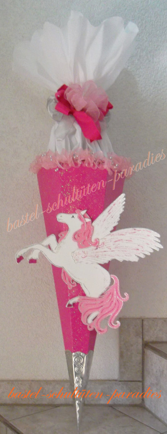 Schultüten Bastelset Pegasus pink mit Schleifenband-Rüsche, Glitzer-Rohling