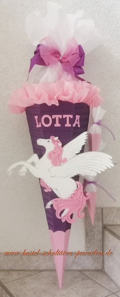 Schultüten Bastelset Pegasus lila-rosa-weiß-Glitter mit 3 kleinen Tüten zum Anhängen