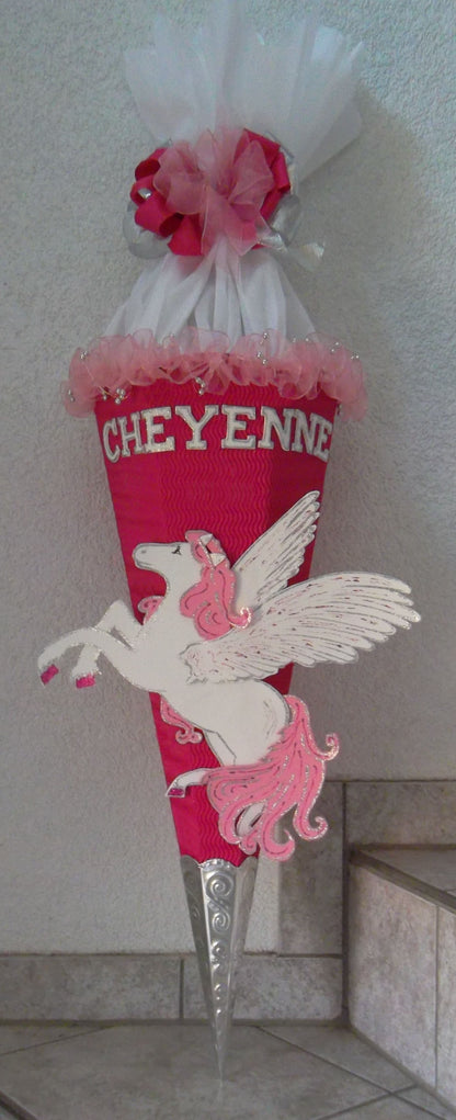Schultüten Bastelset Pegasus / Einhorn mit Schleifenband-Rüsche pink-weiß