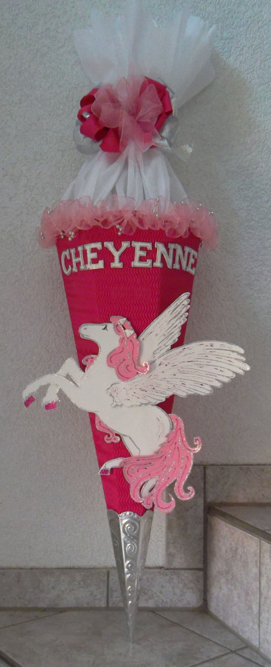 Schultüten Bastelset Pegasus / Einhorn mit Schleifenband-Rüsche pink-weiß