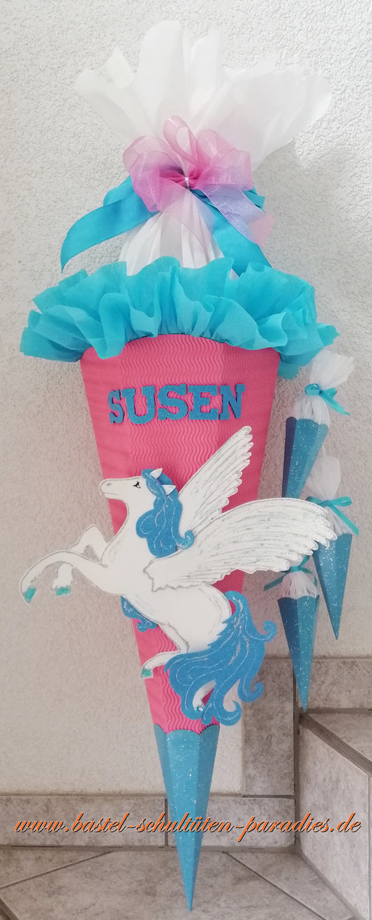 Schultüten Bastelset Pegasus rosa-hellblau-weiß-Glitter mit 3 kleinen Tüten zum Anhängen