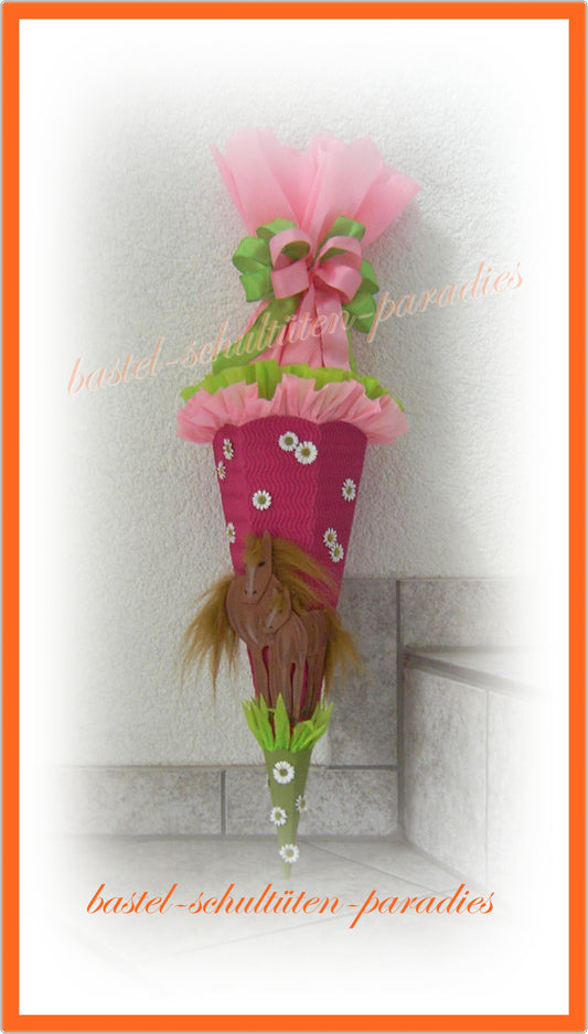 Bastelset Geschwistertüte Pferde mit Marg. pink-grün
