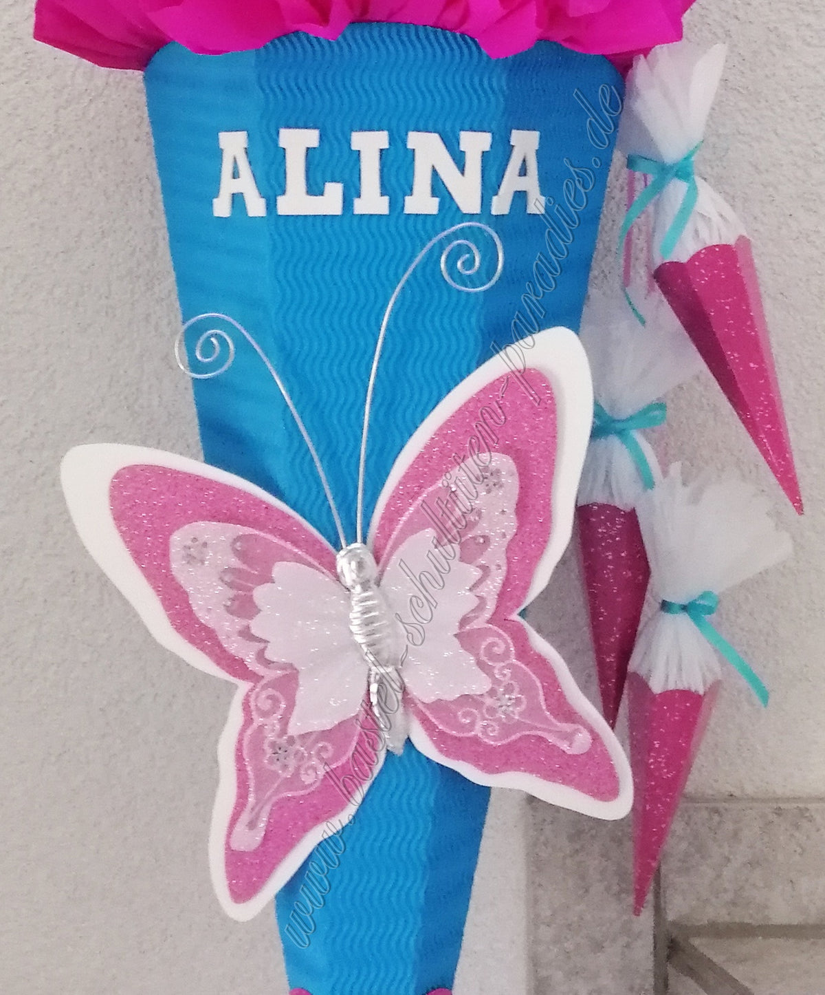 Schultüten Bastelset Schmetterling 3 türkis-pink-weiß-Glitter mit 3 kleinen Tüten zum Anhängen