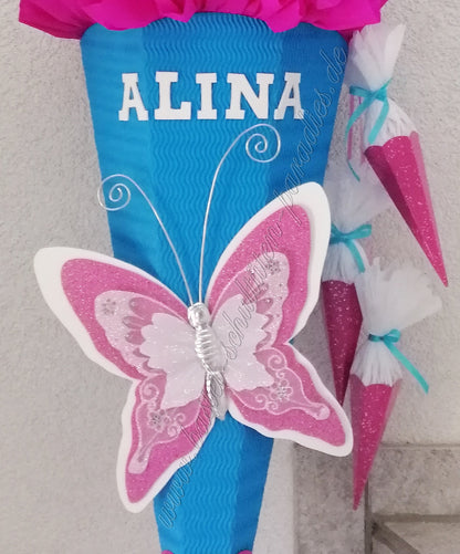 Schultüten Bastelset Schmetterling 3 türkis-pink-weiß-Glitter mit 3 kleinen Tüten zum Anhängen