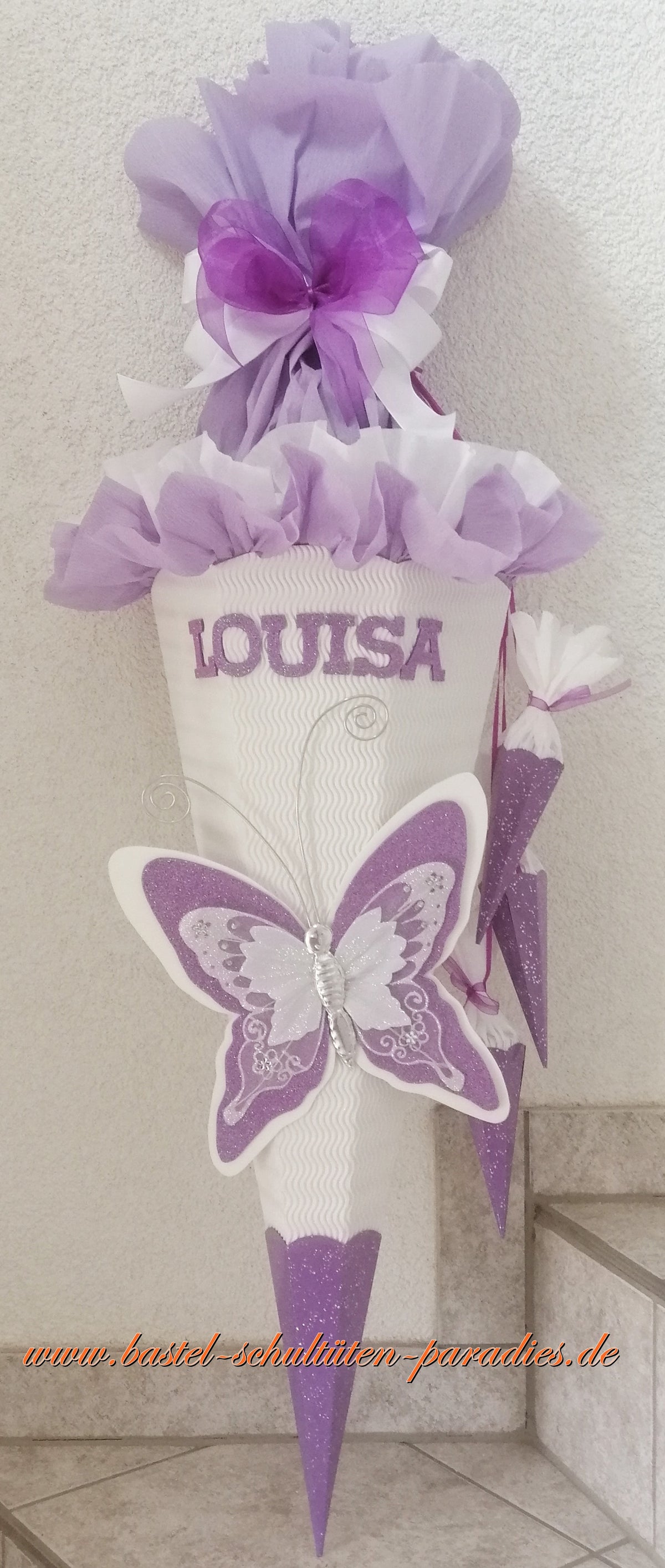 Bastelset Schmetterling 3 weiß-lila-Glitter mit 3 kleinen Tüten zum Anhängen