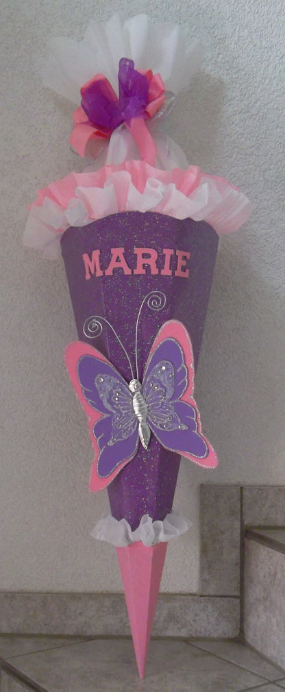 Schultüten Bastelset Schmetterling 2 lila-rosa-weiß mit Glitzer-Rohling