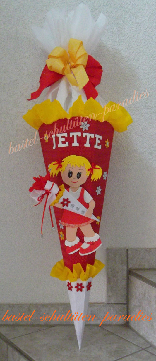 Schultüten Bastelset Schulkind mit Schultüte rot-weiß-gelb+Filzblüten